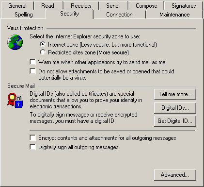 outlook express security options